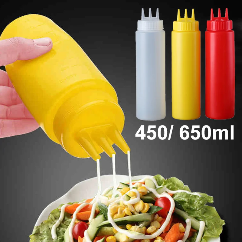 3-Holes Squeeze Bottle Condiment Dispenser Sauce Vinegar Ketchup Cruet Container Storage Bottle Jar Food Grade for Kitchen Tools