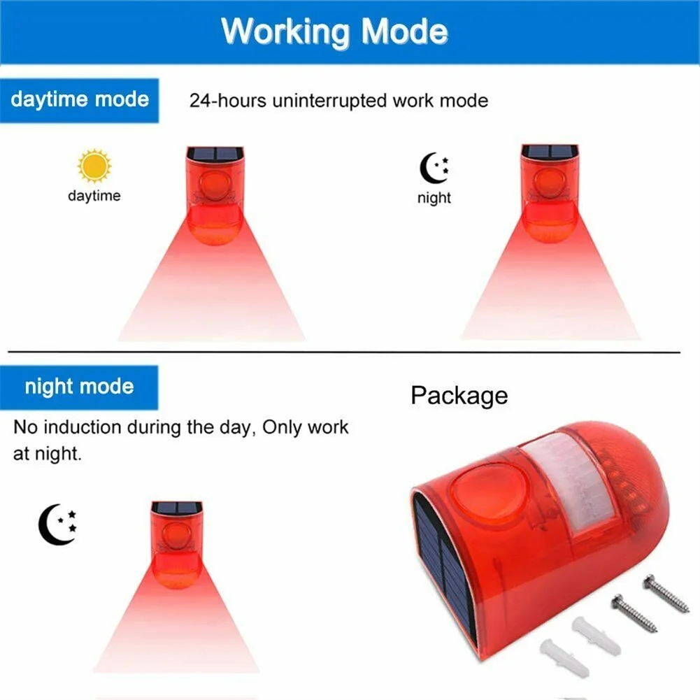 Alarm tenaga surya luar ruangan, lampu peringatan LED nirkabel dengan 4 mode, detektor Sensor gerakan, peringatan sistem keamanan dan Alarm tenaga surya