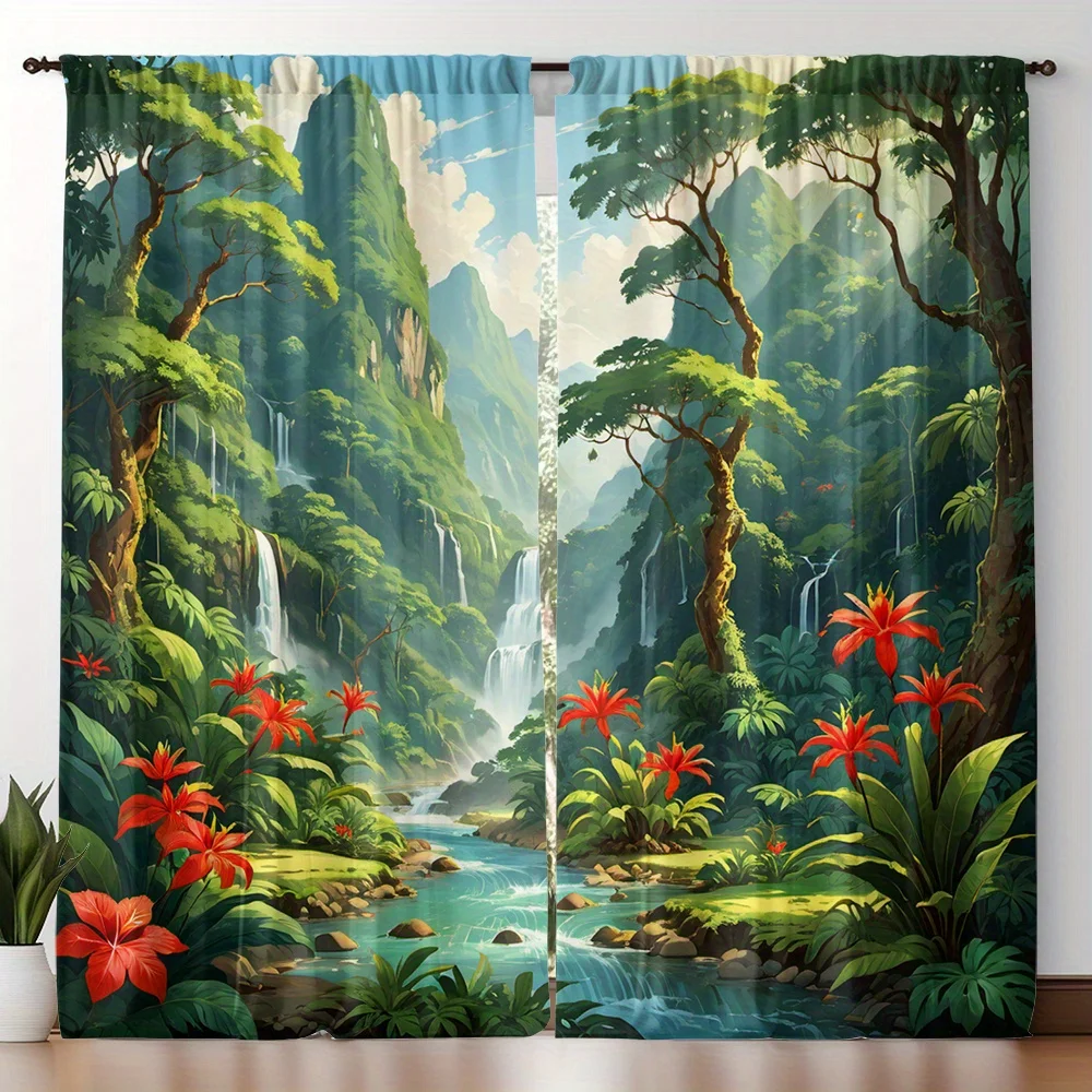 Vibrant Tropical Jungle Waterfall Curtains Set of 2 – Lush Rainforest Scene with Red Hibiscus, Rod Pocket Light Filtering Drapes