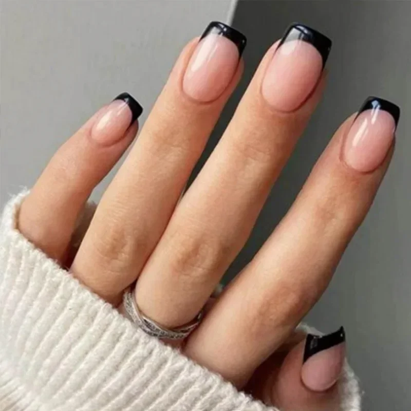 24pcs French Rainbow Fake Nails Nude Design False Nails Art Full Coverage Waterproof Adhesive Artificial Press on Nail with Tool