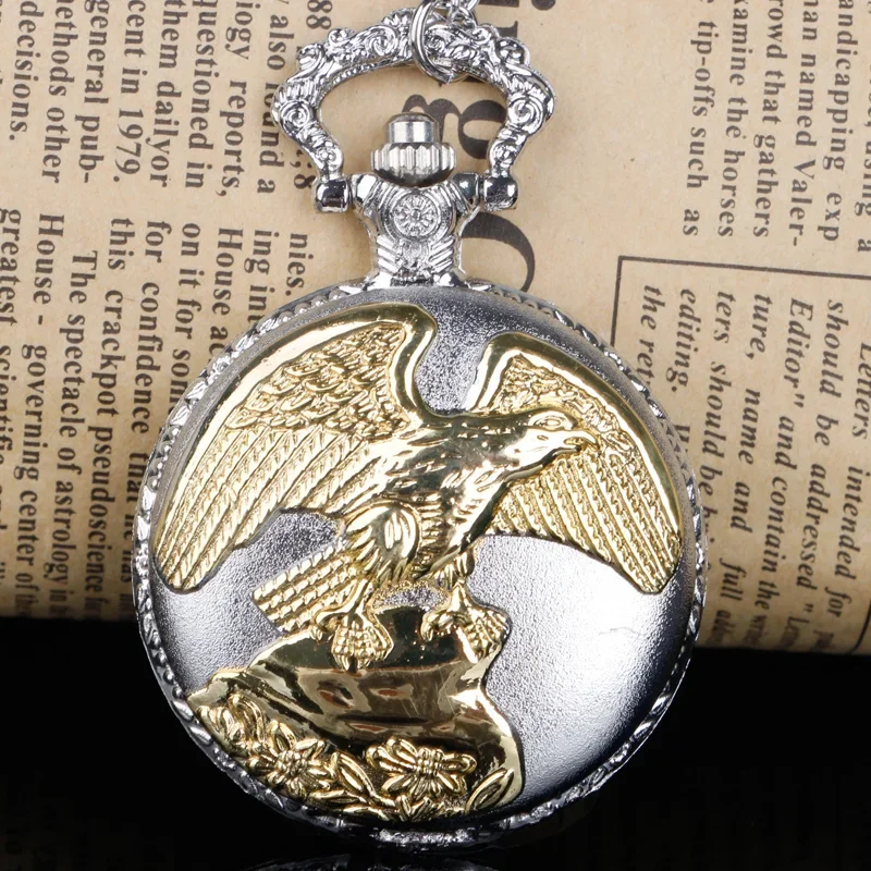 

Trendy Brand Quartz Pocket Watch Silver Necklace Chain Eagle Carved Luxury Clock Men Women Watch Pendant Friend Family Best Gift