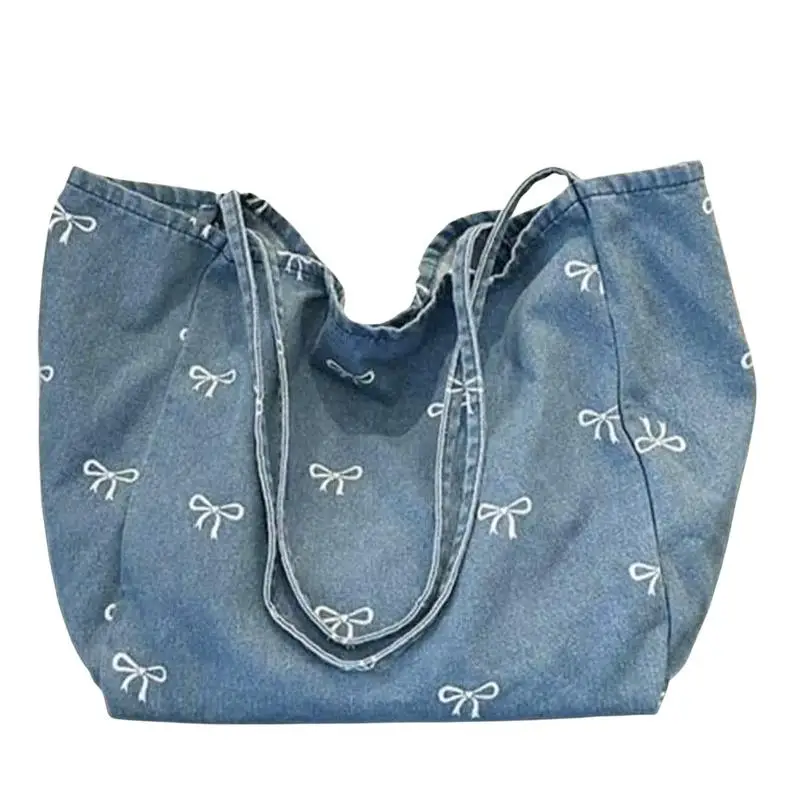 Hochwertige Denim-Canvas-Tasche, Damen-Schultertasche mit Schleife, süß und vielseitig, große, lässige Umhängetasche – Detail 10