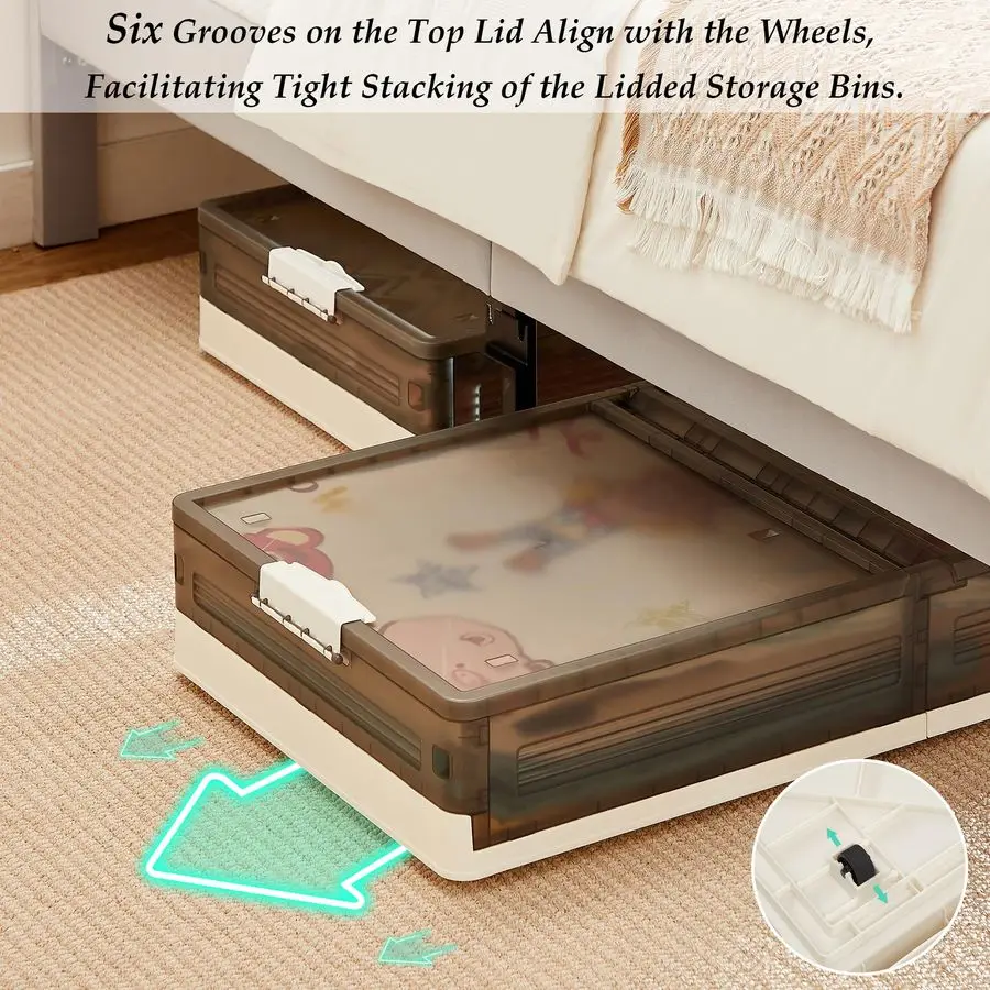 Under Bed Storage with Wheels, 2 Pack Stackable Under Bed Storage Containers, Underbed Storage Containers with Lids, Plastic Fol
