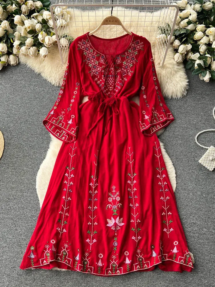 Women Summer Bohemian Ethnic Style Retro Embroidery Round Neck Flare Sleeves Drawstring Holiday Long Sleeved Dress D3945