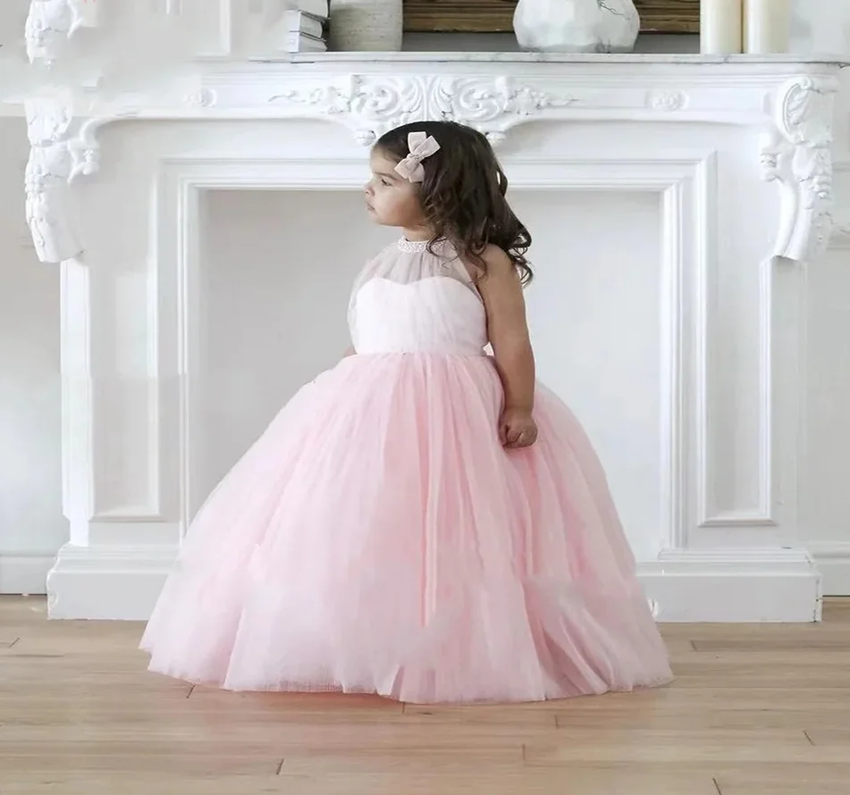 

Pink Flower Girl Dresses Tiered Tulle Puffy For Wedding Birthday Party Dresses Girls First Communion Gowns Child Size 1-14T