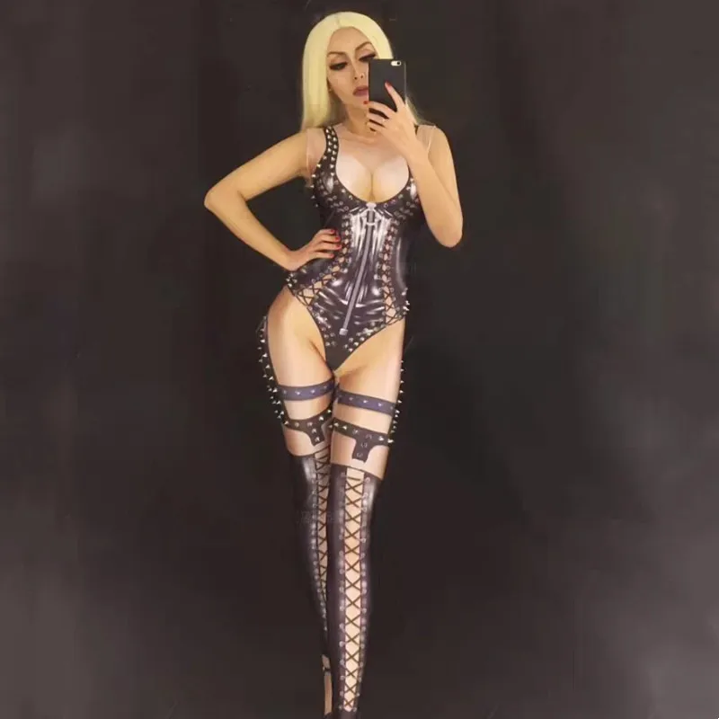 

Halloween Party Cosplay Leotard Costume Sexy Rivet Printed Sleeveless Jumpsuit Women Warrior Role Playing Performance Stage Wear