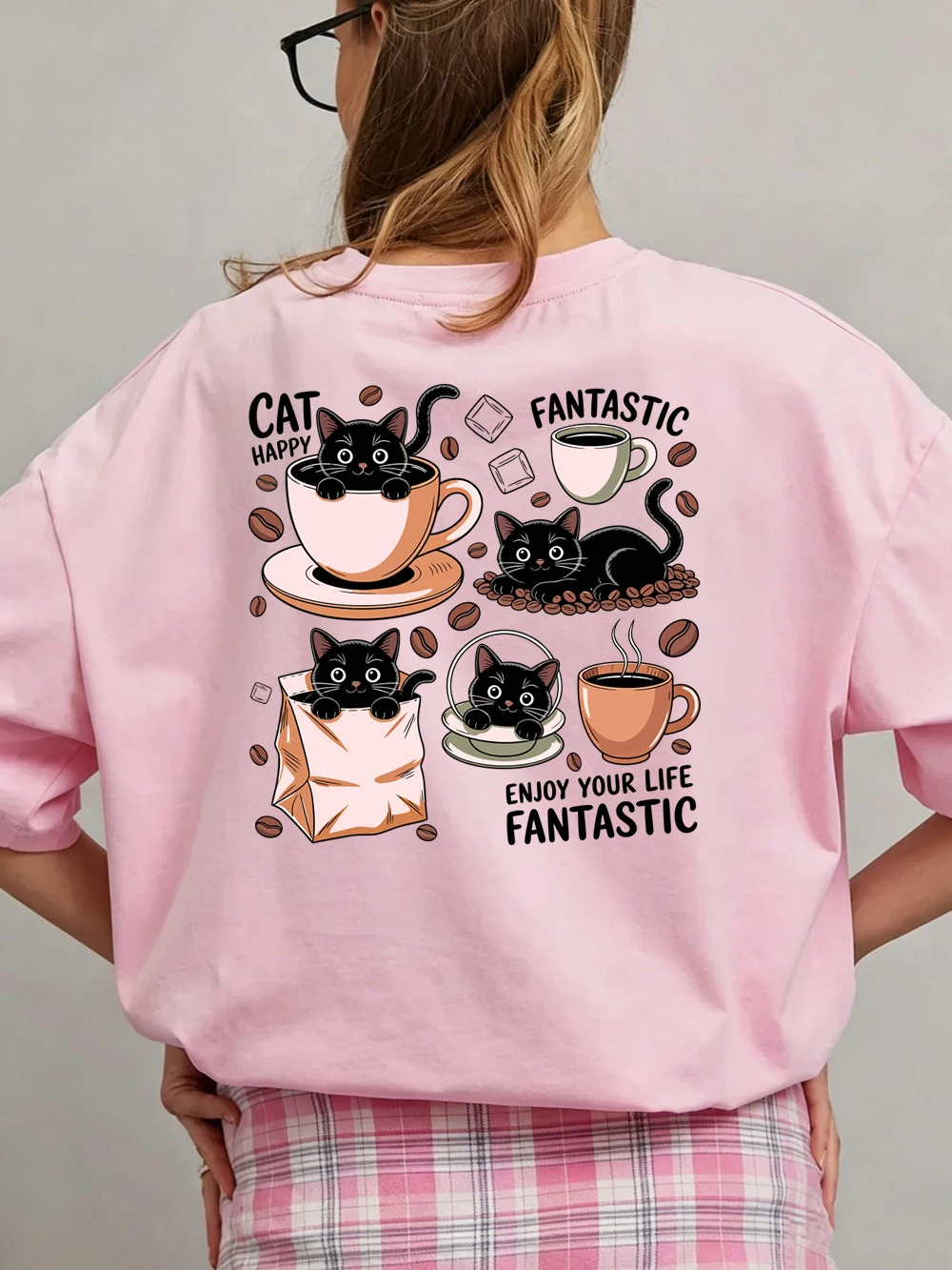 Cotton Womens T-Shirts Summer Enjoy Your Life Happy Coffee Cat Prints T Shirt Oversized Soft O-Neck Tops Casual Womans Clothes