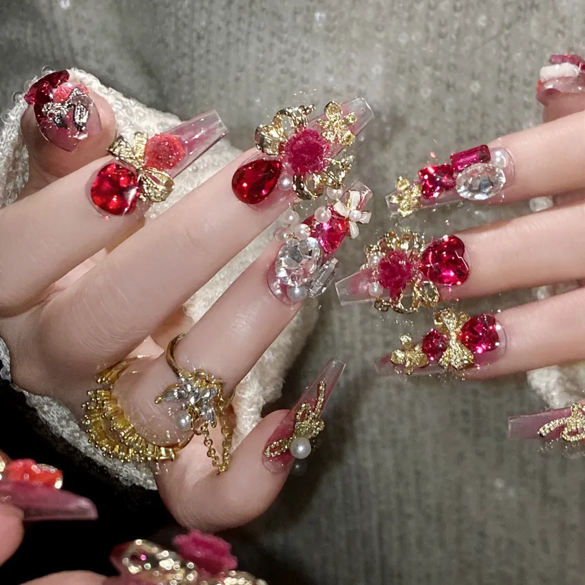 

24pcs Chinese New Year Press on Nails Heavy Metal Bride Wedding Fake Nails Full Cover Wearable Shiny Large Crystal False Nails