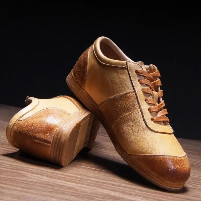 Vintage Cow Leather Trainer Sneakers Seamless Stitching Lace-up Men Lightweight Daily Outdoor Commute Casual Walking Shoes