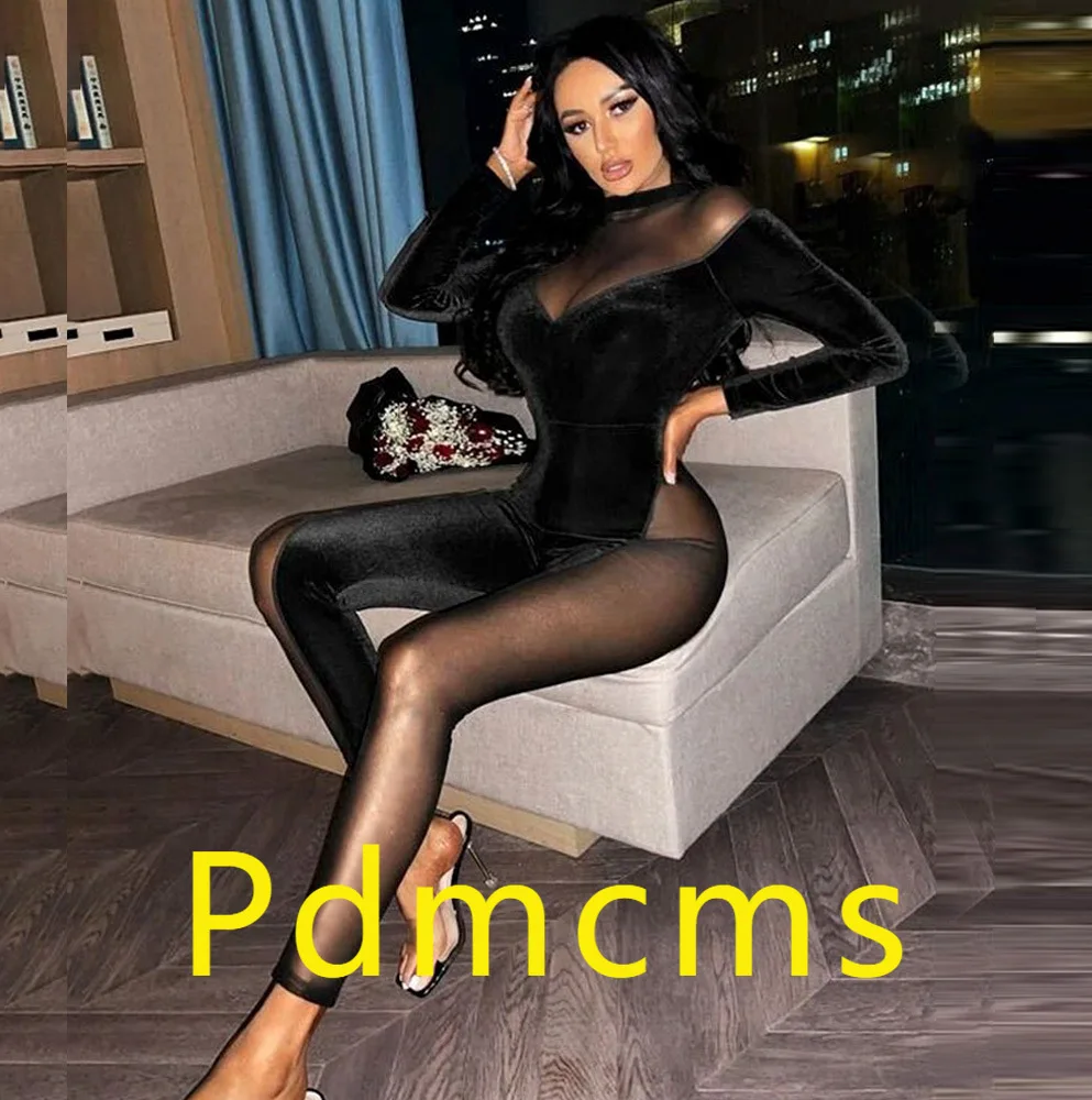 

2025 new European and American women's clothing INS long-sleeved women's onesie mesh stitching perspective jumpsuit women
