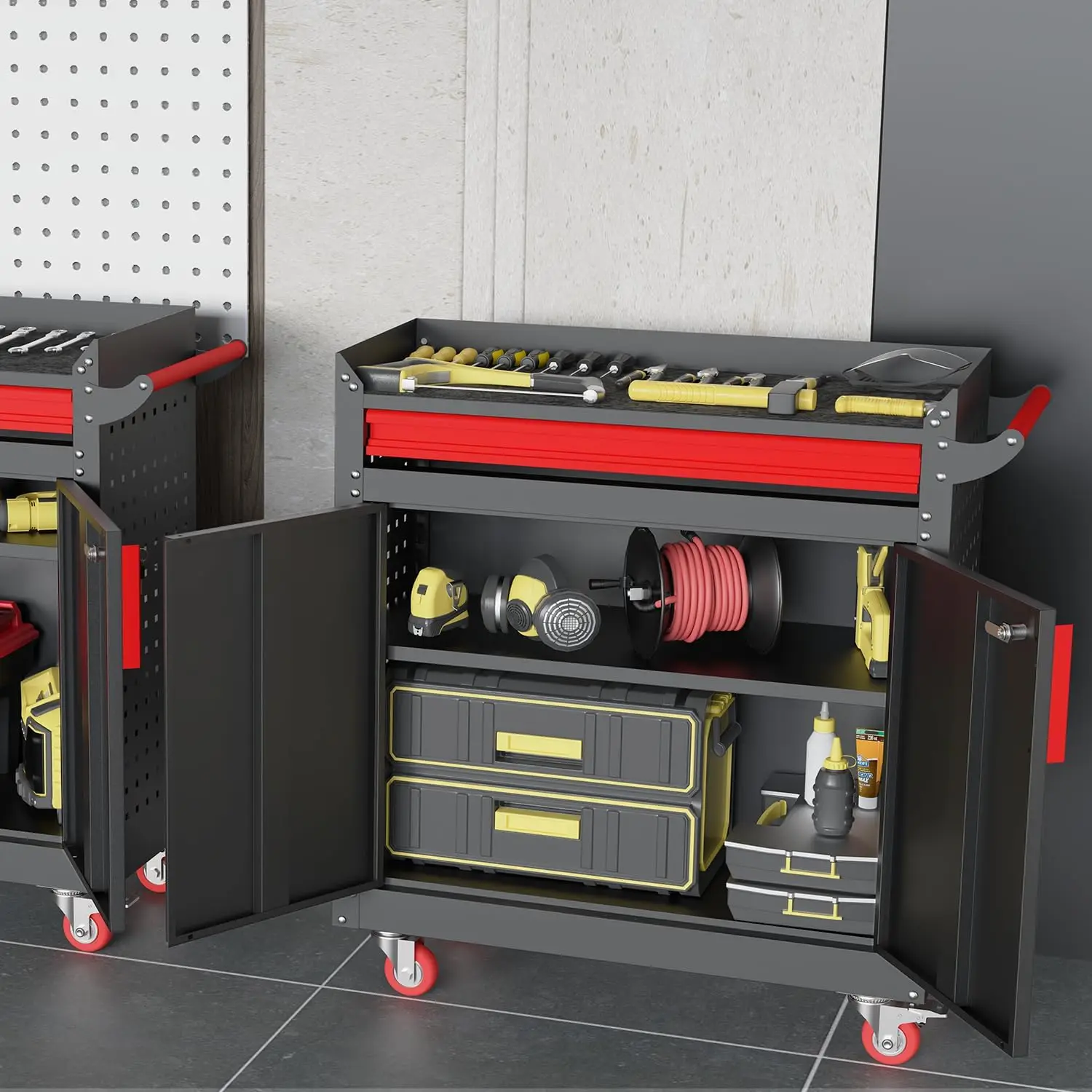 Metal Garage Storage Cabinet with Wheels,Lockable Storage Cabinets with Adjustable Shelf,Steel Tool Locker with Pegboard and Han