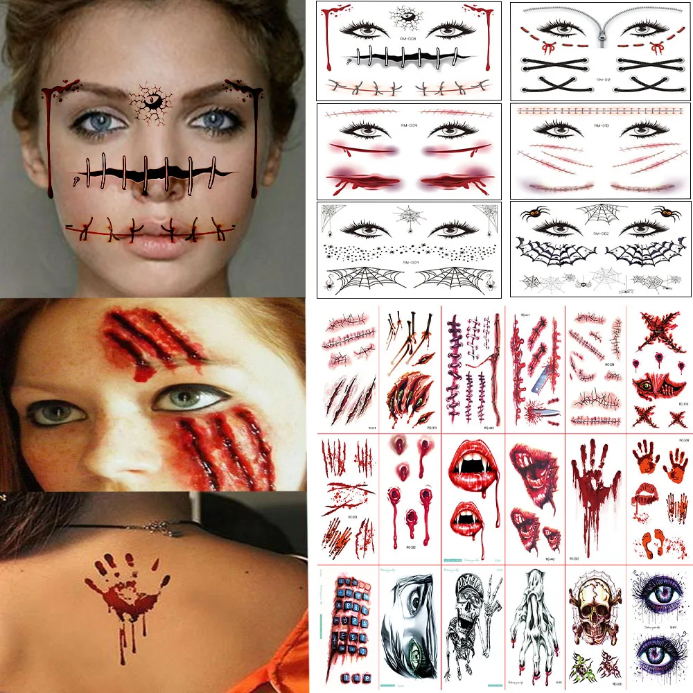 5/10pcs Halloween Bloody Wound Tattoo Stickers DIY Simulation Scar Tattoo Skull Blood Palm Print Horror Halloween Party Decor