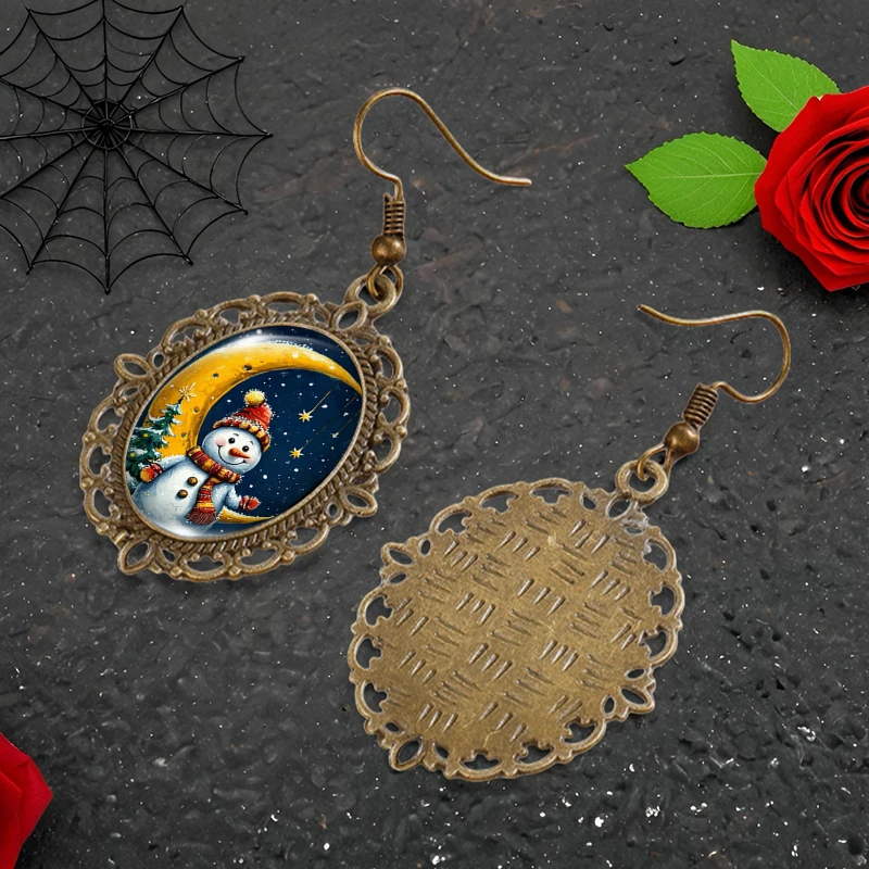 Cute Snowman and Crecent Picture Oval Glass Cabochon Flower Shaped Fish Hook Earrings Handmade Gifts