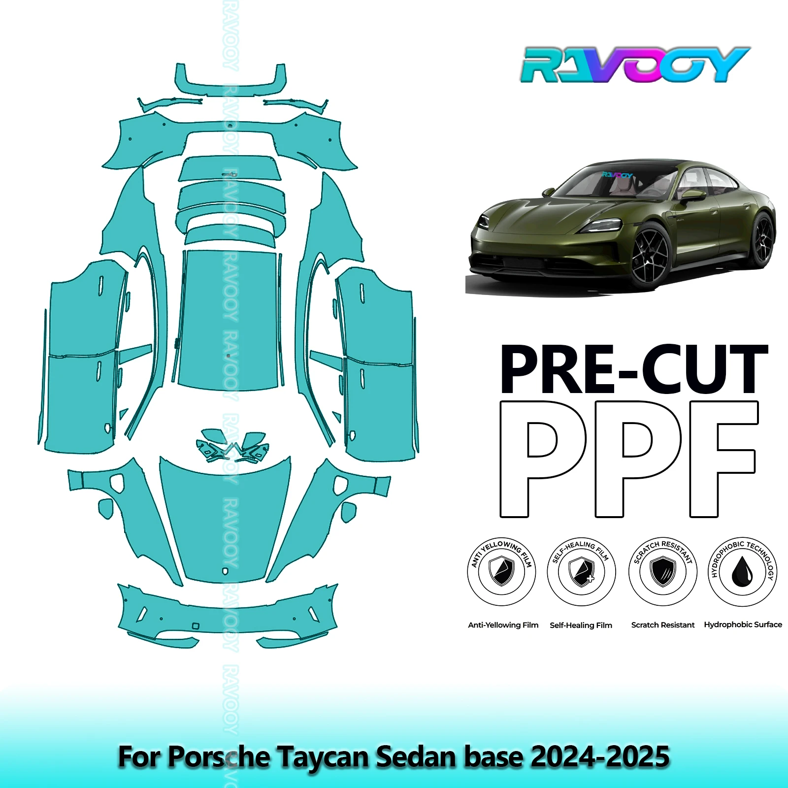 

Для Porsche Taycan Sedan Base 2024-2025 полный автомобильный прозрачный бюстгальтер 8,5 мил предварительно вырезанная защитная пленка для краски PPF