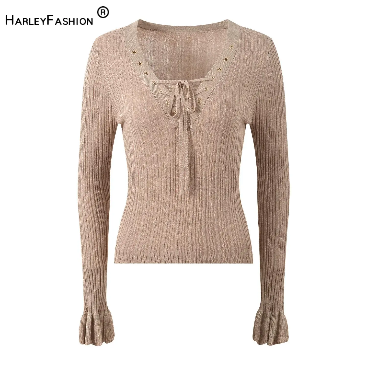 Дизайнерская базовая одежда на шнуровке с v-образным вырезом, женский однотонный повседневный расклешенный вязаный пуловер с длинными рукавами, облегающие топы для женщин