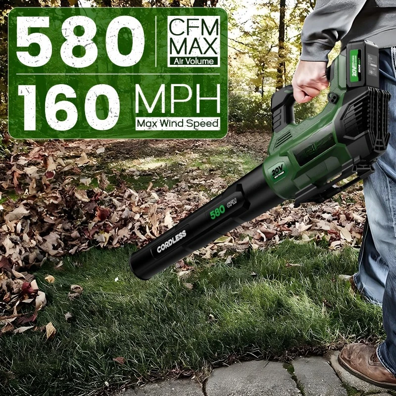 20V Cordless Leaf Blower, 580CFM Electric Leaf Blower with 4.0Ah Battery and 2A Fast Charger, 3 Levels Adjustable