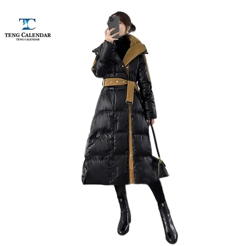 Black Down Jacket, Glossy Long and Knee Contrasting Patchwork, Thick Jacket, High-end Wash Free, New Winter Edition, 2022 Editio