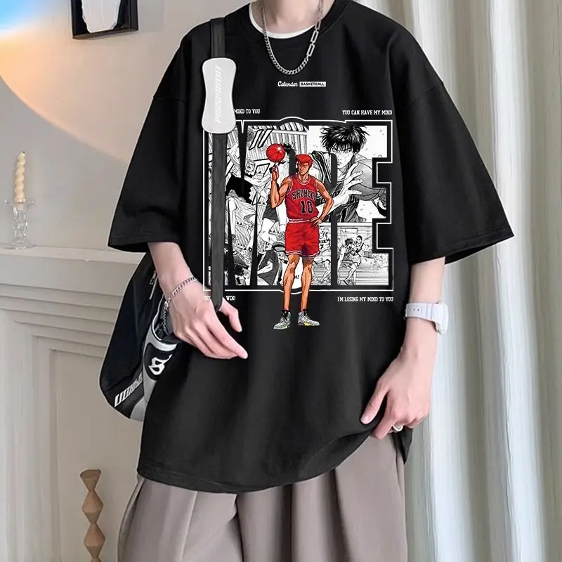 

Футболка SLAM DUNK 2025 года, мужская летняя футболка из 100% хлопка с короткими рукавами, дизайн Sense Niche, футболка большого размера с половиной рукавов