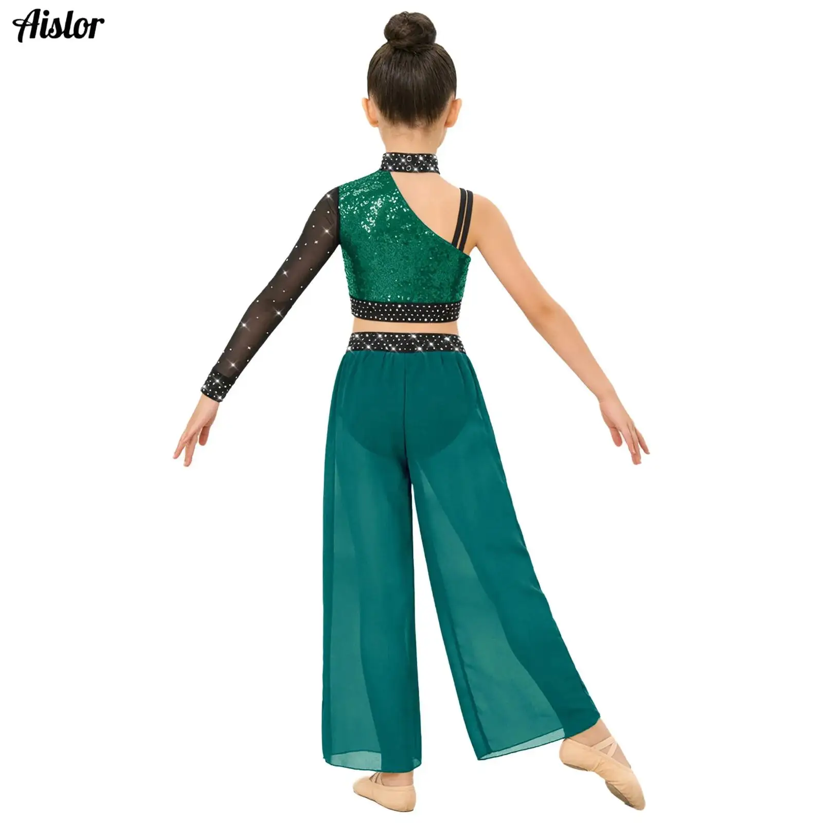 

Kids Girls Modern Dance Clothes Asymmetrical Mesh Long Sleeve Sequins Disco Crop Top with Chiffon Pants for Stage Pageant Wear