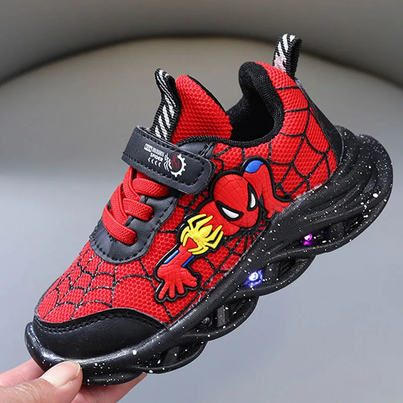 Disney LED Casual Sneakers Red Black Mesh scarpe sportive traspiranti ragazzi Cartoon Spiderman scarpe da esterno Sneakers antiscivolo illuminate