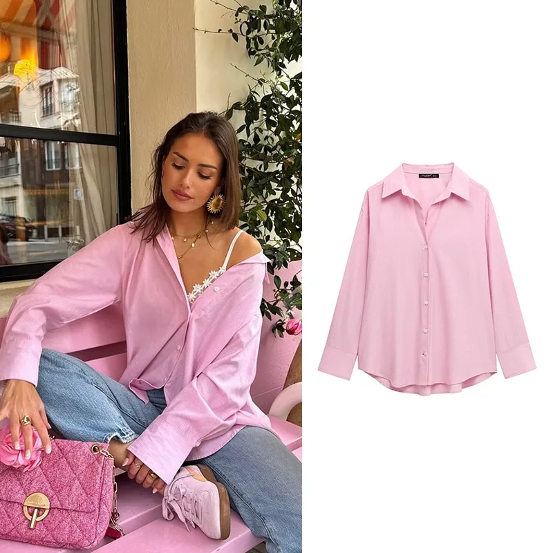 

Oversized Shirt Tops Woman 2025 Shirts Female Women's Blouse Top Elegant Striped Boho Chic Summer Vintage Commute Pink