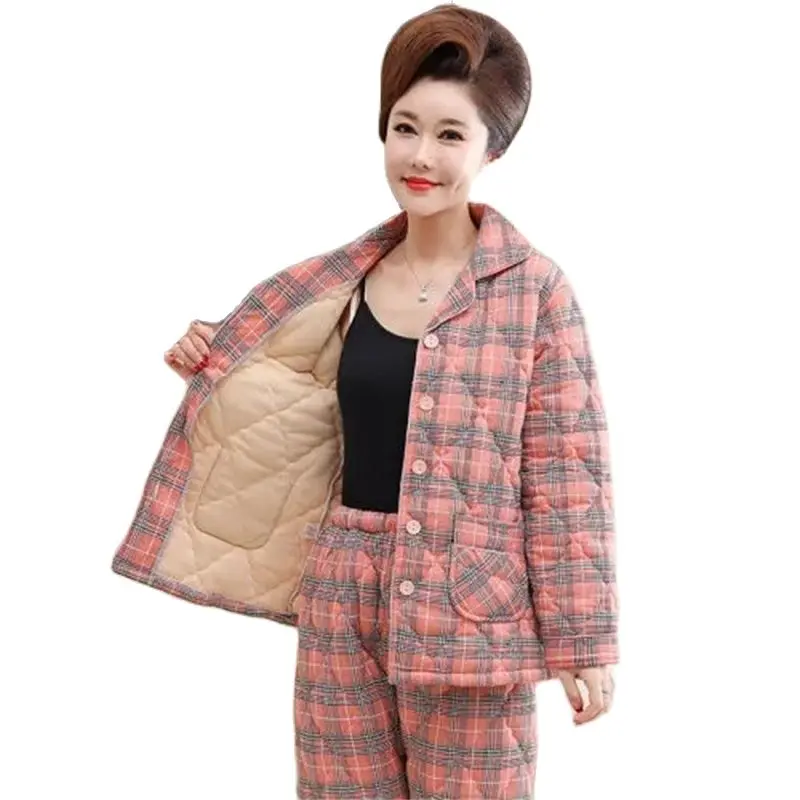 Plaid Pajamas Women Winter Warm Suits Coral Fleece Three-Layer Quilted Mid-Aged Mother Thicken Flannel Warm Jacket Home Service