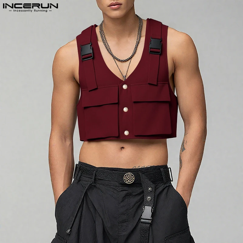 

INCERUN Men Vests Solid Color Pockets V Neck Sleeveless Button Casual Crop Tops Male Waistcoats Streetwear 2025 Fashion Vests