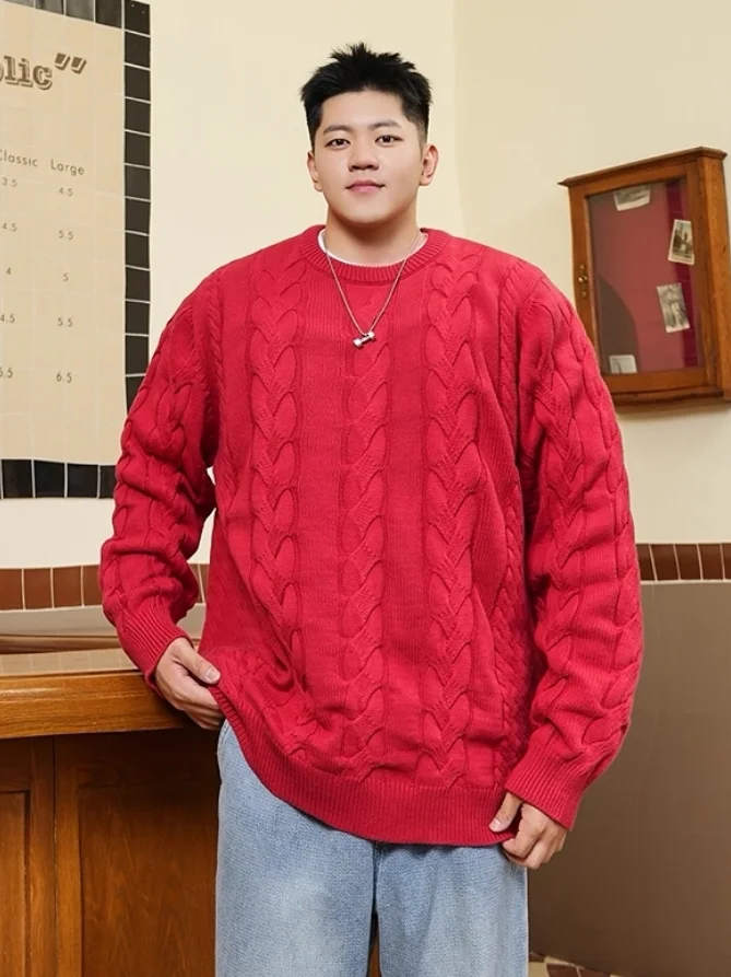 

Модный мужской свитер больших размеров с круглым вырезом, вязаный пуловер с узором «косы», красный цвет, теплый, повседневный, зимний, модный