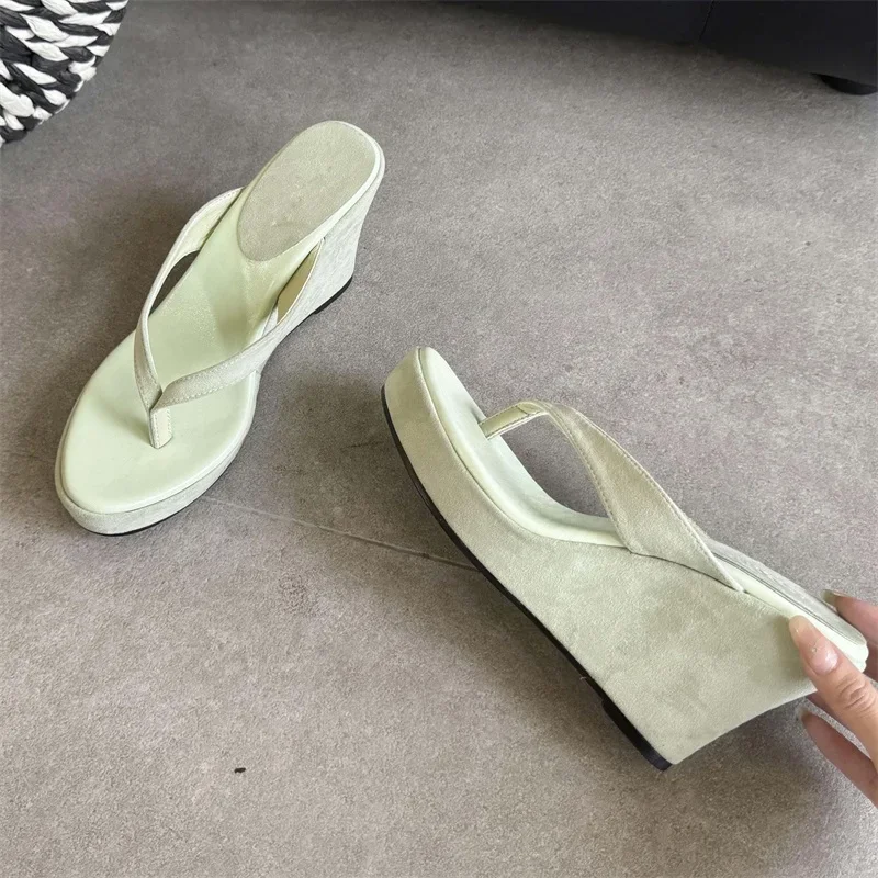 Aneikeh Summer Green Suede Wedge Flip Flops Platform Heel Slippers Casual Beach Party Wedge Sandals Non-slip High Heel Slides