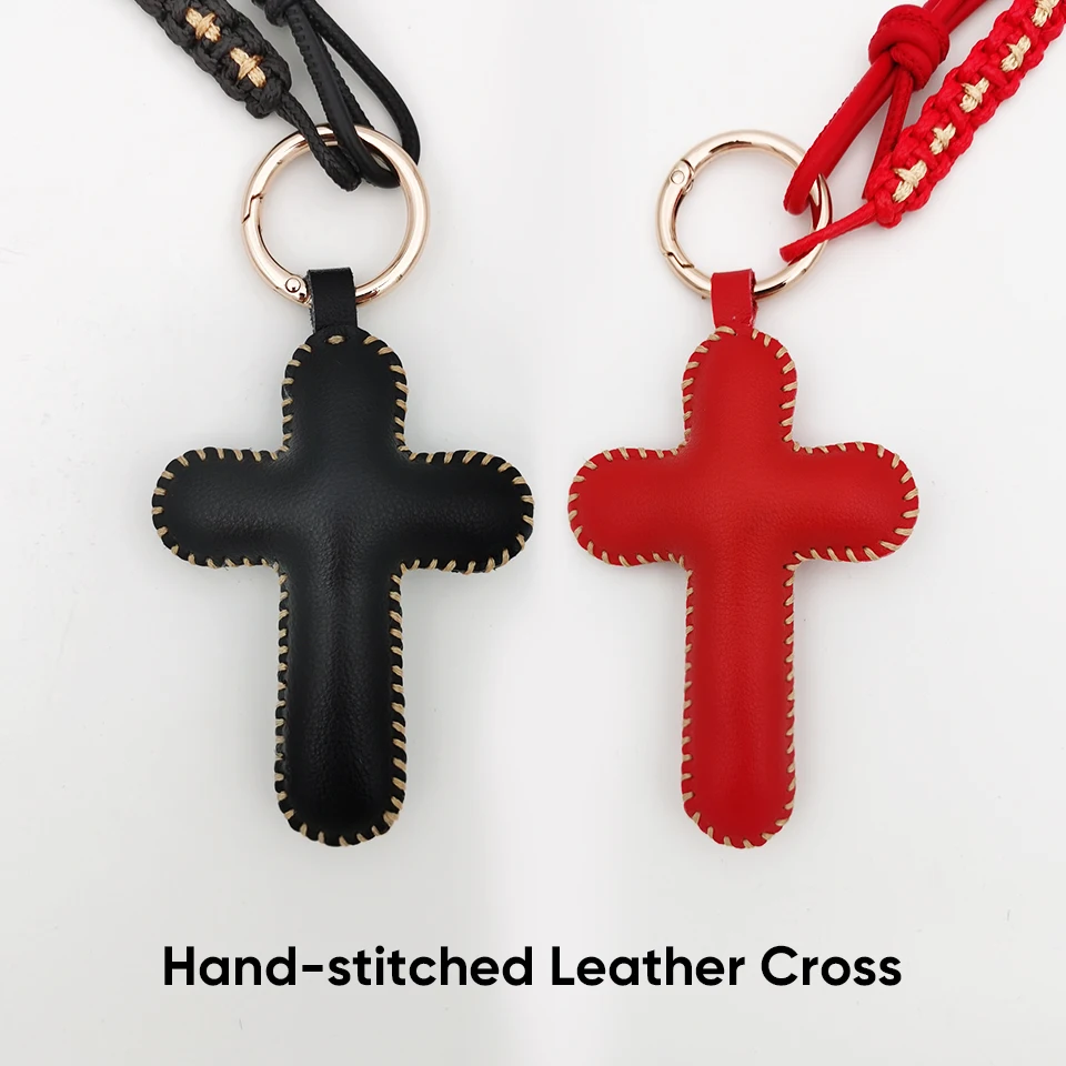 

Handmade Stitched Leather Cross for Car Mirror,Keychain & Bag. Includes Cross-Weave Braided Cord. A Meaningful Faith-Based Gift.
