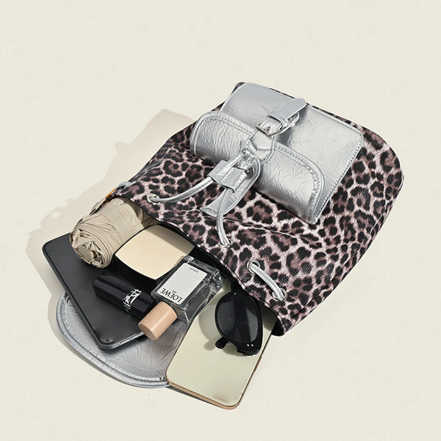 Fashion pu+leopard print Women Backpack Large drawstring schoolbag for Teenagers Girls Travel Designer commuter shoulder bagpack