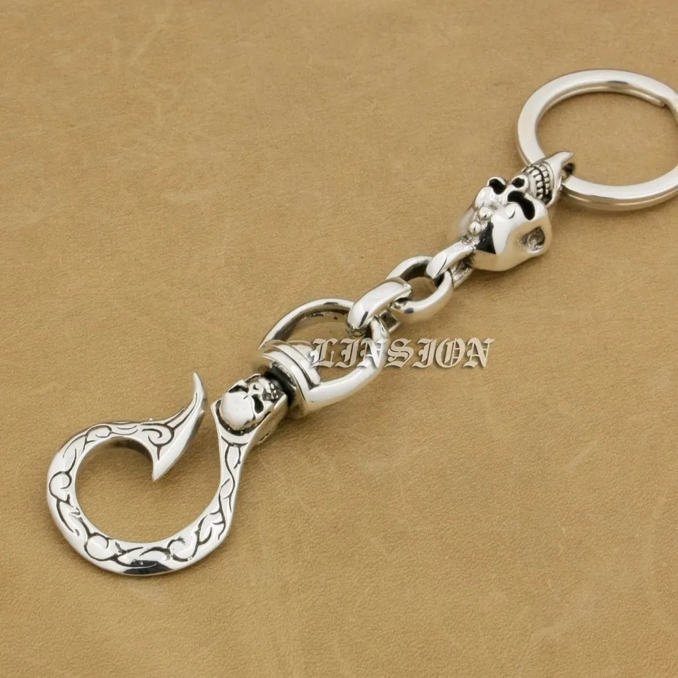 925 Sterling Silver Unique Skull Hook Belt Clip KeyRing Biker Punk Keychain 9T011