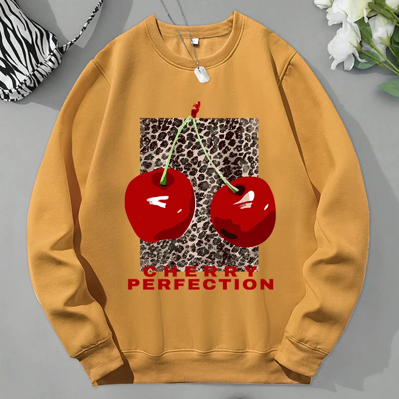 

Cherry Fruit Pattern Prints Male Sweatshirts Fashion Loose Pullovers Casual Warm Sweatshirt Autumn Fleece Crewneck Clothes Men