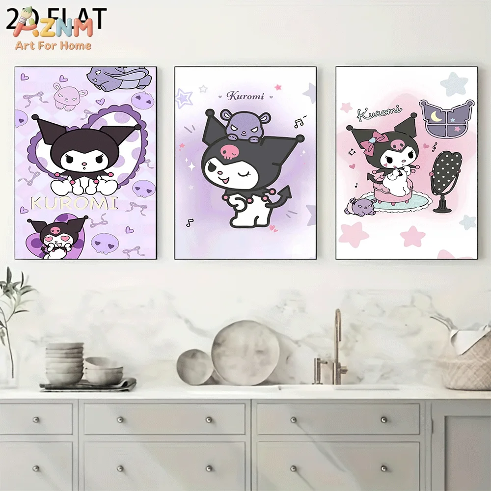 AZNM Kuromi Frameless Canvas Wall Art, Purple Heart Star Music Note Cute Cartoon Poster, Kawaii 2D Flat Print for Home Bedroom D