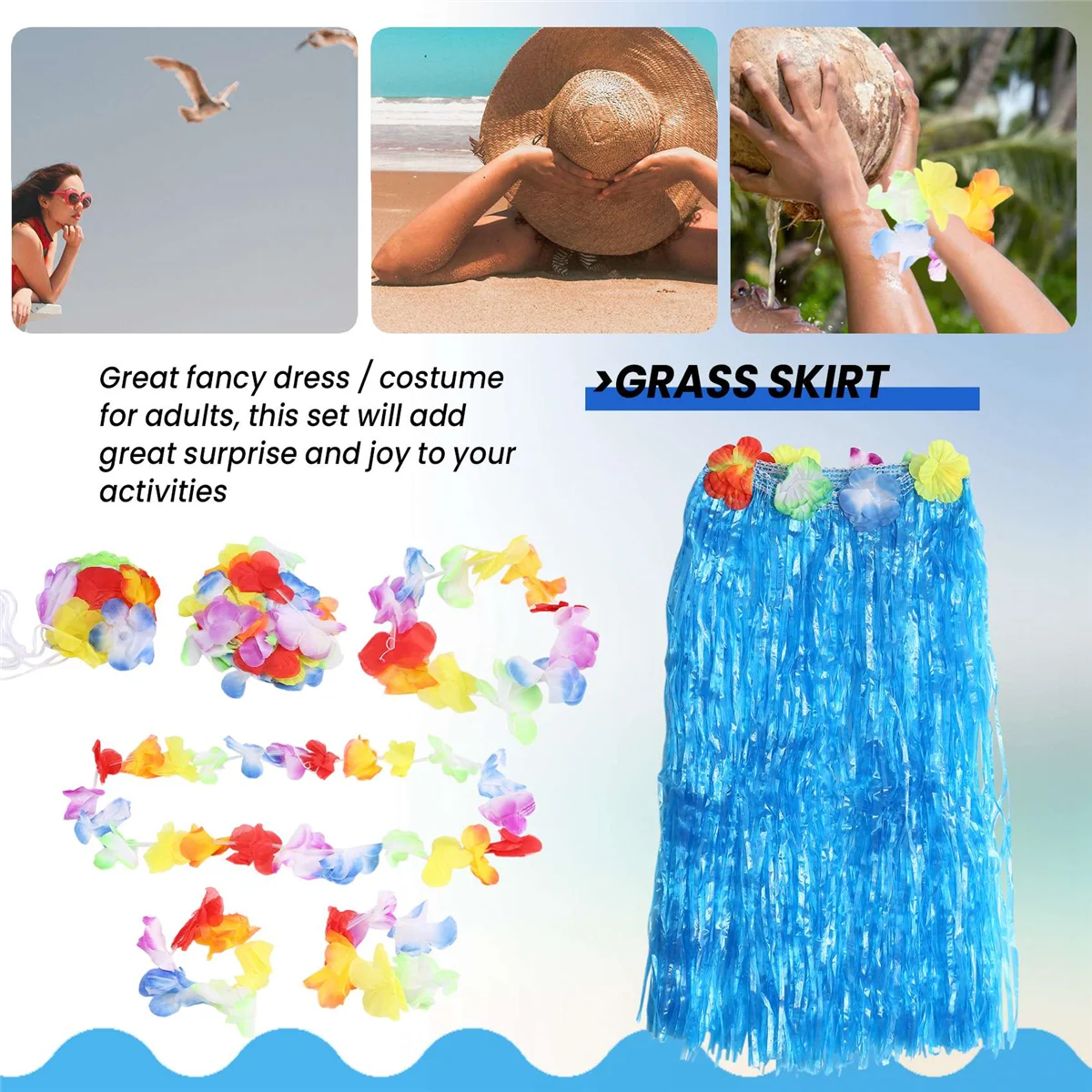6 ชุดกระโปรงหญ้าฮาวายดอกไม้ Hula Lei สายรัดข้อมือ Garland ชุดแฟนซีเครื่องแต่งกาย - สีฟ้า