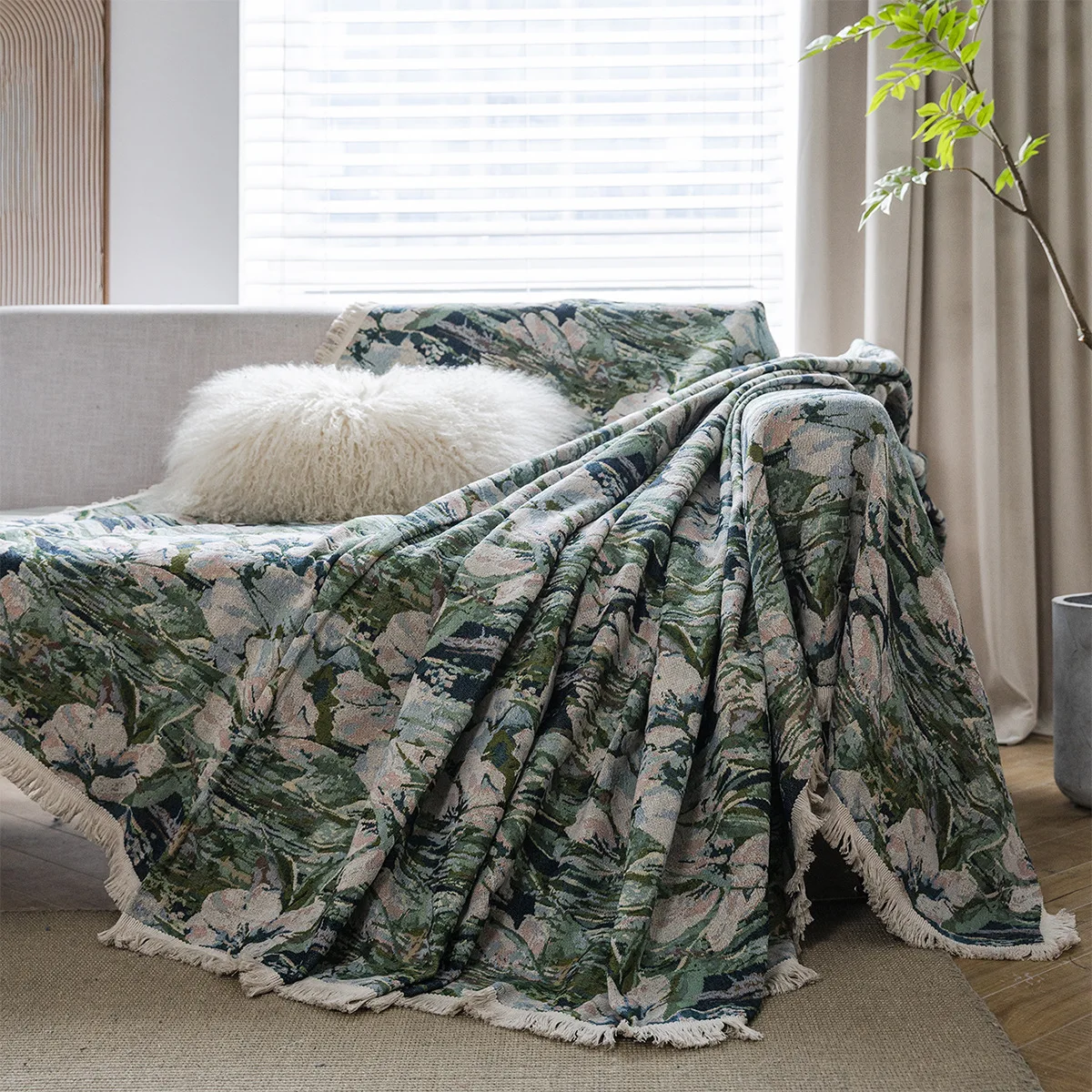 Sofa Cover Non-Slip Towel Blanket Anti Cat Scratch Green Flower Ethnic Jacquard Multifunctional Cover Three Seat Sofa Cover