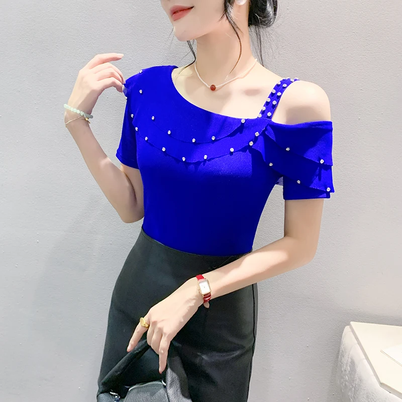 

2024 New Summer European Clothes T-Shirt Fashion Sexy Skew Collar Ruffles Shiny Diamonds Women's Tops Short Sleeve Tees 46029