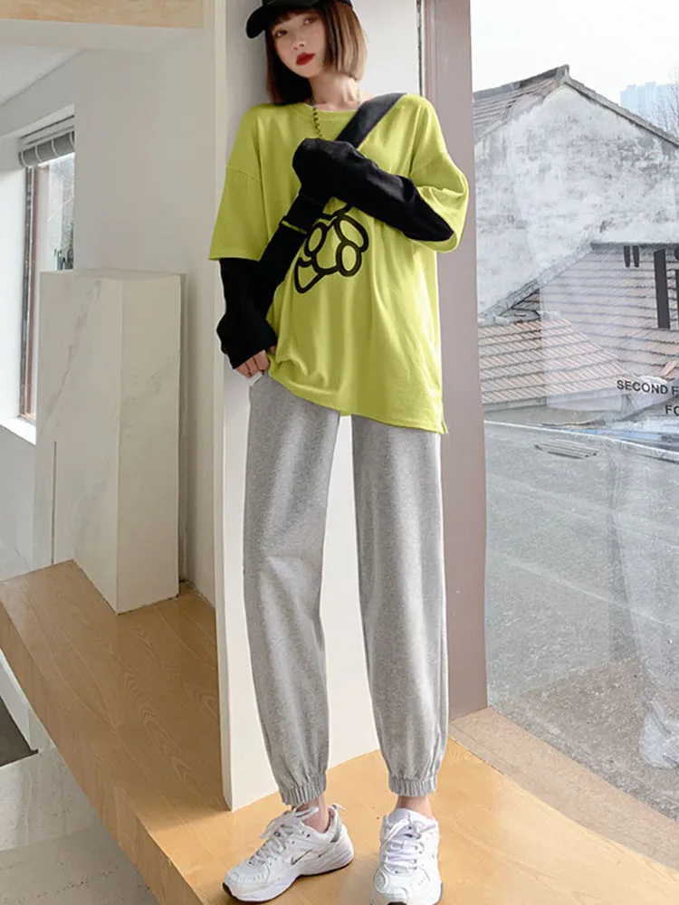 Pantaloni larghi alla caviglia con lacci a vita alta Pantaloni sportivi larghi alla moda in vita elastica Pantaloni da jogging dritti casual da donna