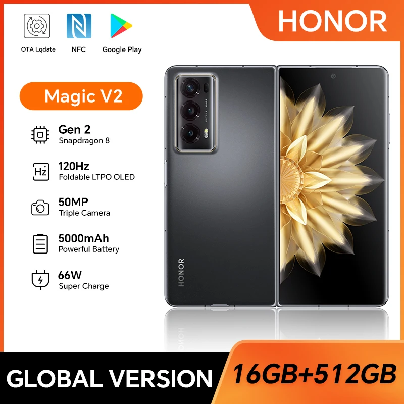 HONOR Magic V2, 16GB+512GB, 7.92” Foldable Screen, 5G, Dual SIM, 50MP Triple Camera, Fast Charging, Android SmartPhone