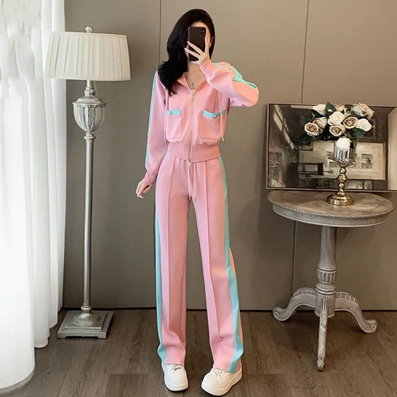 Autumn casual sports suit for women 2024 new fashion pink age reducing hooded straight leg pants two-piece set trendy