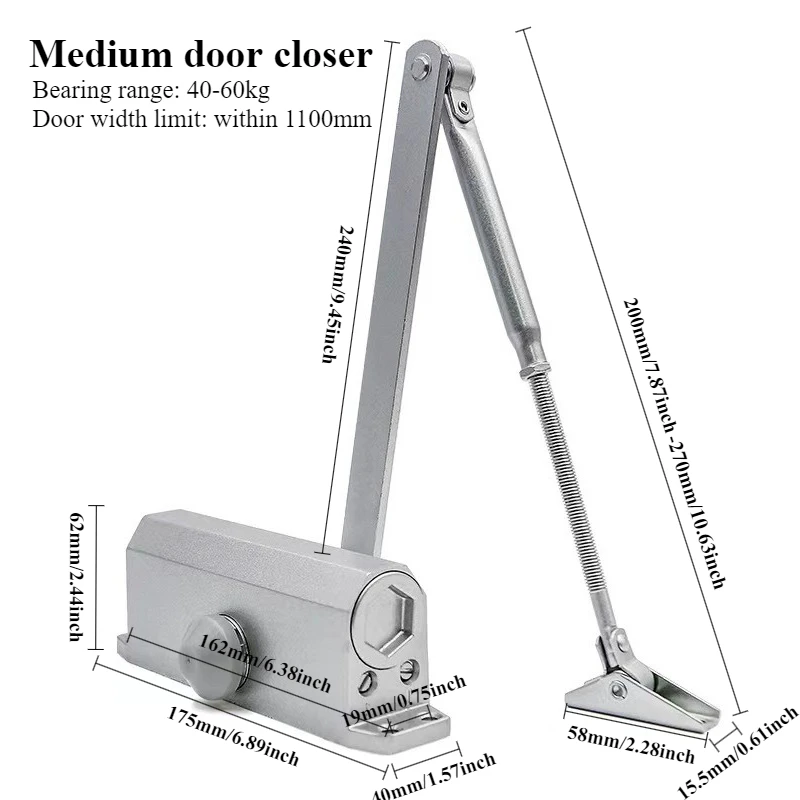 Automatic Door Closer 90°/180° Hydraulic Buffer Silent Fire Door Sliding Door, Anti-pinch Hand, Suitable for Weight 25-85kg