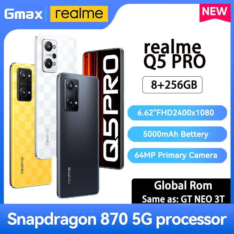 

Global Rom realme Q5 Pro 5G Mobile Phone Snapdragon 870 6.62inch Smart phone AMOLED 120Hz UI 3.0 5000mAh 80W Charge Android 12