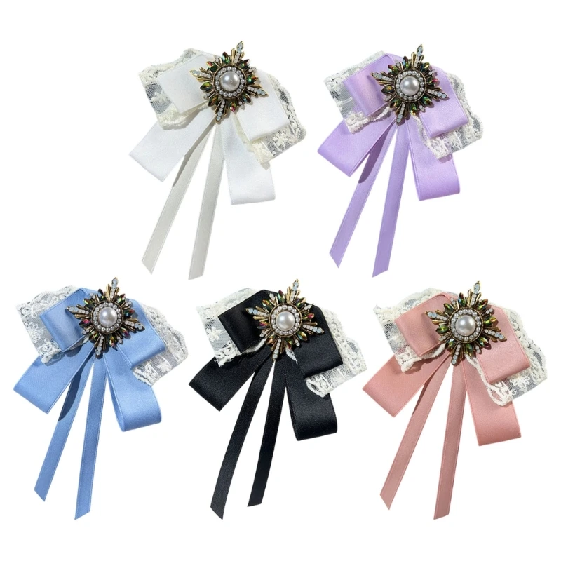Traditional Lace Ribbon Tie Brooch Pin For Women Detachable Collar Flower Hand Embroidered Korean Shirt Dress Party 6XDA