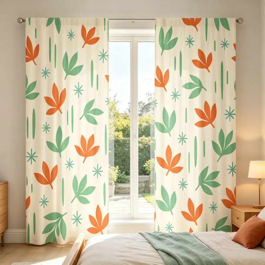 2PCS Digital Print Curtain, Orange Green Star Shaped Leaves, Modern Abstract Geometric Style for Living Room Bedroom Decor
