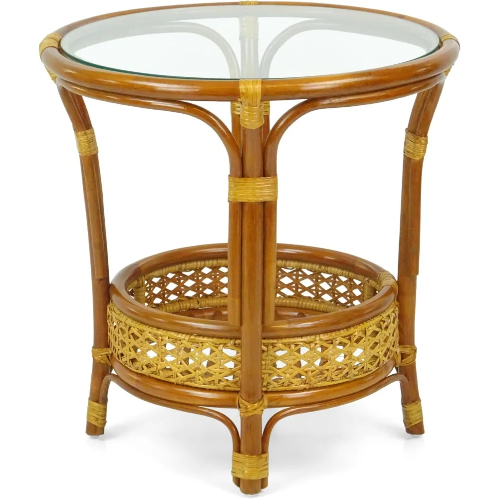 Pelangi Coffee Round Table Colonial Color Handmade ECO Natural Rattan Wicker with Glass Top