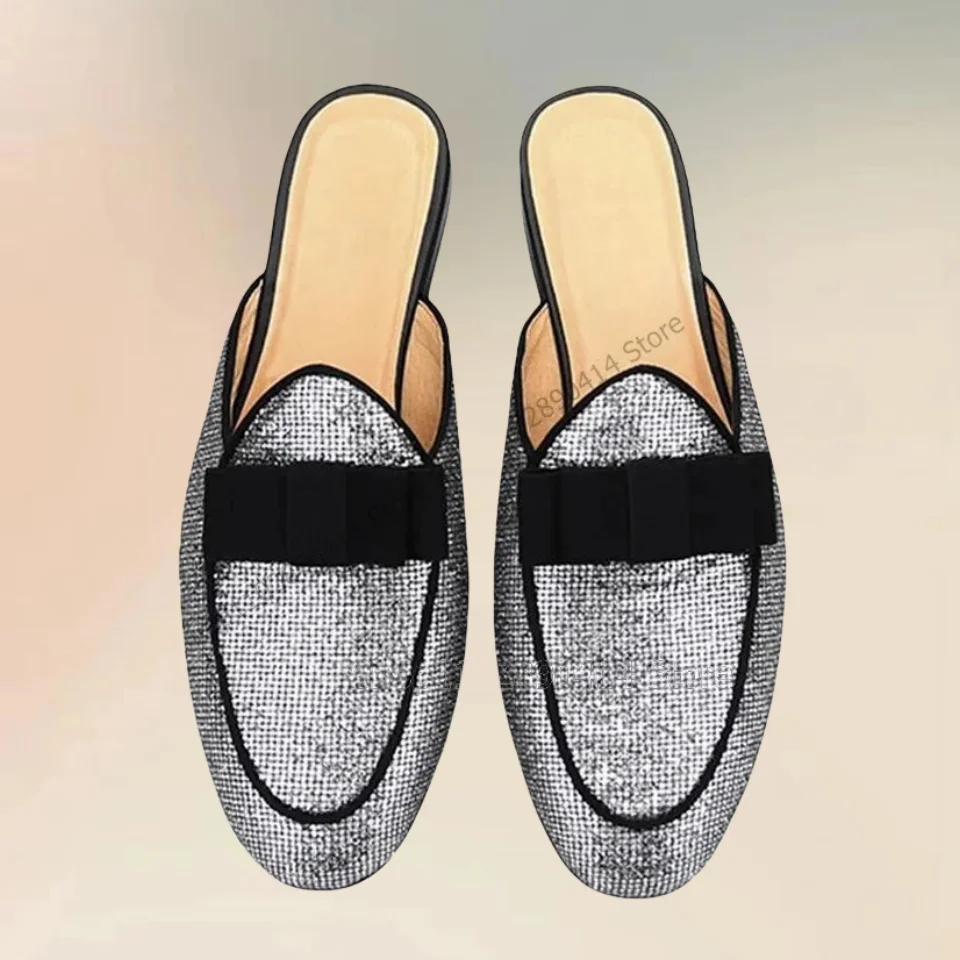 Silver Sequins Black Bow Knot Decor Men Slippers Fashion Slip On Men Shoes Luxury Handmade Party Feast Banquet Men Casual Shoes