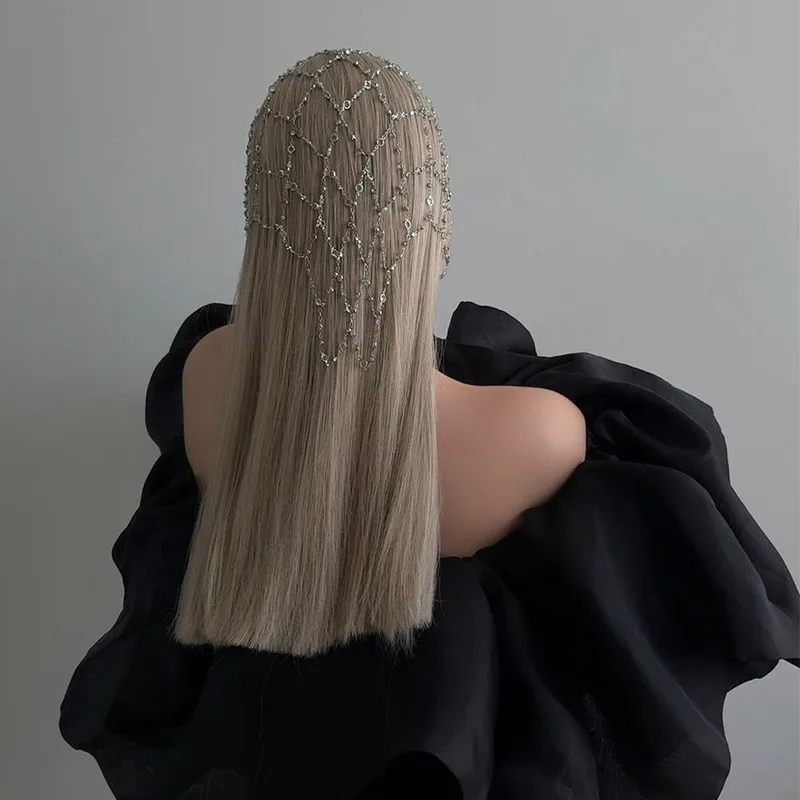 رائع اللؤلؤ شرابة خوذة حجر الراين الشعر سلسلة عقال بلينغ قبعة الزفاف المرأة كريستال الجوف رئيس سلسلة مجوهرات #2