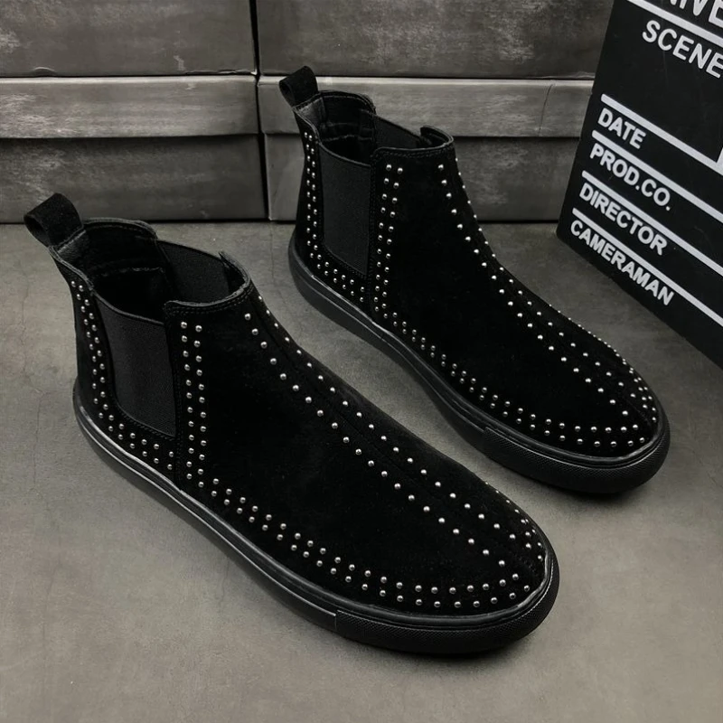 Autumn New Men High Top Slip on Studded Boots Korean Style Casual Shoes Trendy Streetwear Ankle Boots