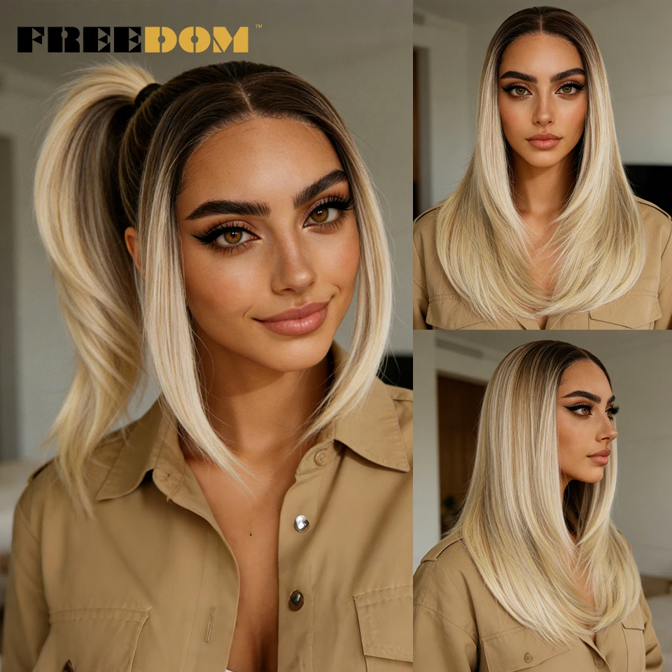 

FREEDOM 13x3 Synthetic Lace Front Wigs For Women 18" Straight Layered Lace Wigs Pre-plucked Ombre Brown Blonde Daily Party Wig