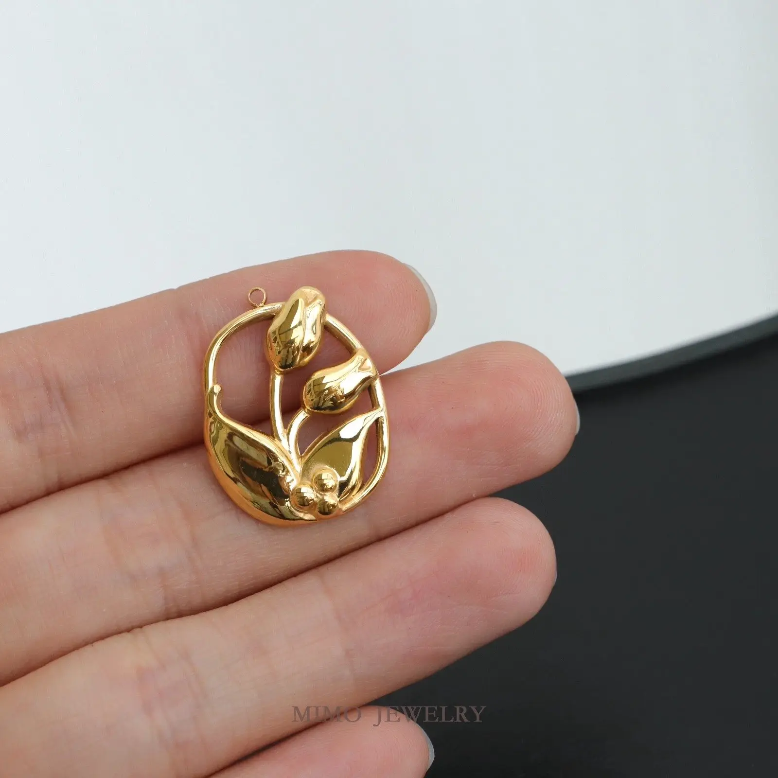 Oval Retro Tulip Charms Pendant Supplies DIY Hand Stainless Steel Gold Plated Accessories 23X17.3mm